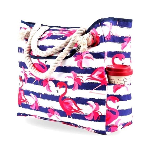 New FLAMINGO WEEKENDER SUMMER BEACH CANVAS TOTE BAG - Picture 1 of 8
